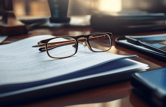 ai generated, glasses, office, business, desk, work, sunlight, corporate, books, reports